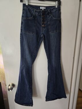Kendall & Kylie Button-Front Dark Blue Flare Jeans